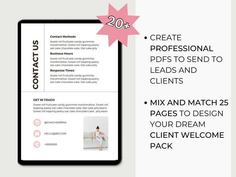May include: A digital tablet displays a document with contact information and a list of services. The text includes "Contact Us," "Create Professional PDFs," and "Mix and Match 25 Pages." A pink starburst graphic and a photo of a woman are also visible.
