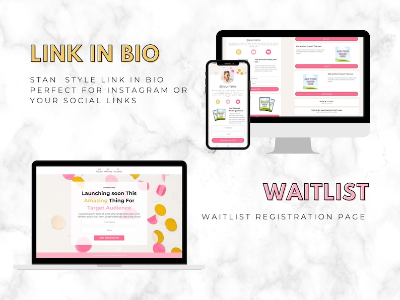 May include: A digital marketing concept with a laptop, smartphone, and desktop computer displaying website mockups. The text "LINK IN BIO" and "WAITLIST" are visible. The color scheme is white, pink, and gold.