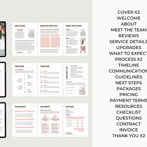 May include: A digital client welcome pack displayed on tablets. The pack features a pink and white design with floral accents. The cover reads "Client Welcome Pack." Pages include "Welcome," "Service Details," and "Meet the Team."