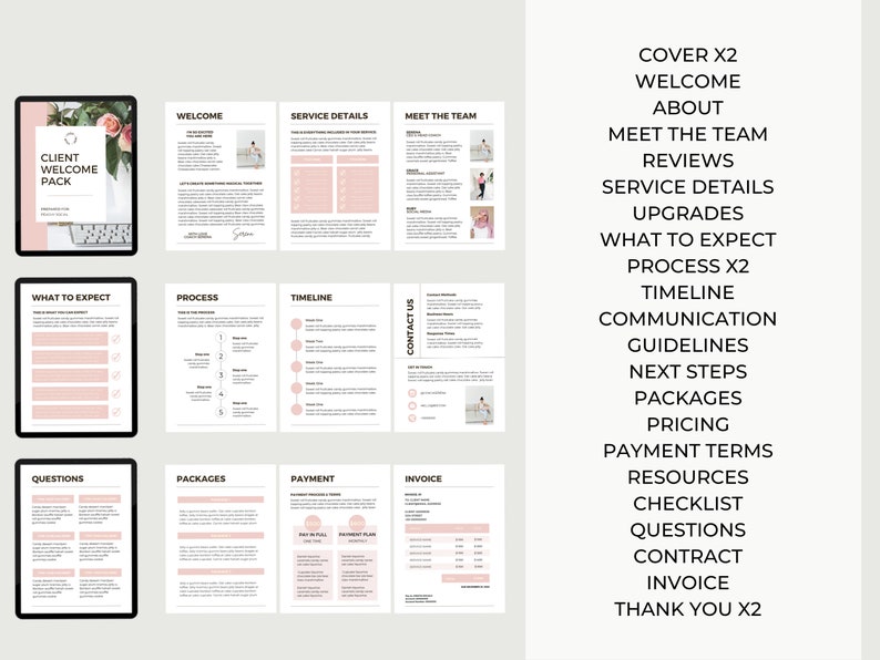 May include: A digital client welcome pack displayed on tablets. The pack features a pink and white design with floral accents. The cover reads "Client Welcome Pack." Pages include "Welcome," "Service Details," and "Meet the Team."