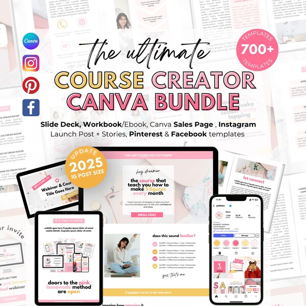 Course Creator Bundle. Sales Page Website Canva. Workbook. Course Slide Deck. Landing Page. ebook template. Launch. Instagram 2025 size
