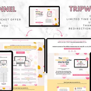 May include: Digital marketing concept image with the words "FUNNEL" and "TRIPWIRE" in pink. The image shows a laptop, tablet, and phone screens displaying website pages with text and graphics. The text includes "OPT IN," "LOW TICKET OFFER," and "UPSELL."
