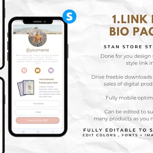 May include: A mobile phone screen displaying a link in bio page template for an online store. The template features a pink and white colour scheme with a desert landscape background. The text "1.LINK IN BIO PAGE" is displayed in brown text. The template includes a section for a featured freebie, a form for first name and email, and a button that says "Download for FREE".