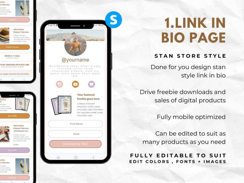 May include: A mobile phone screen displaying a link in bio page template for an online store. The template features a pink and white colour scheme with a desert landscape background. The text "1.LINK IN BIO PAGE" is displayed in brown text. The template includes a section for a featured freebie, a form for first name and email, and a button that says "Download for FREE".