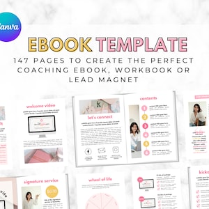 Puede incluir: Una plantilla de libro electrónico rosa y blanco con el texto "EBOOK TEMPLATE" y "147 PAGES TO CREATE THE PERFECT COACHING EBOOK, WORKBOOK OR LEAD MAGNET". La plantilla incluye páginas para un video de bienvenida, un servicio de firma, una rueda de la vida, una invitación a un seminario web, conectémonos, contenido y una lista de verificación de inicio.