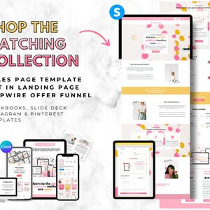May include: A collection of digital marketing templates for social media, landing pages, and sales funnels. The templates feature a pink and gold color scheme with a modern design. The text "Shop the Matching Collection" is displayed in a large font at the top of the image.