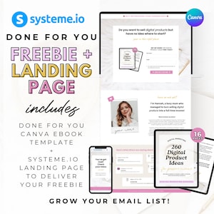 Puede incluir: Un gráfico rosa y amarillo con el texto "DONE FOR YOU FREEBIE + LANDING PAGE includes DONE FOR YOU CANVA EBOOK TEMPLATE + SYSTEMΕ.ΙΟ LANDING PAGE TO DELIVER YOUR FREEBIE GROW YOUR EMAIL LIST!" El gráfico está rodeado de imágenes de una página de aterrizaje, una mujer y un producto digital.