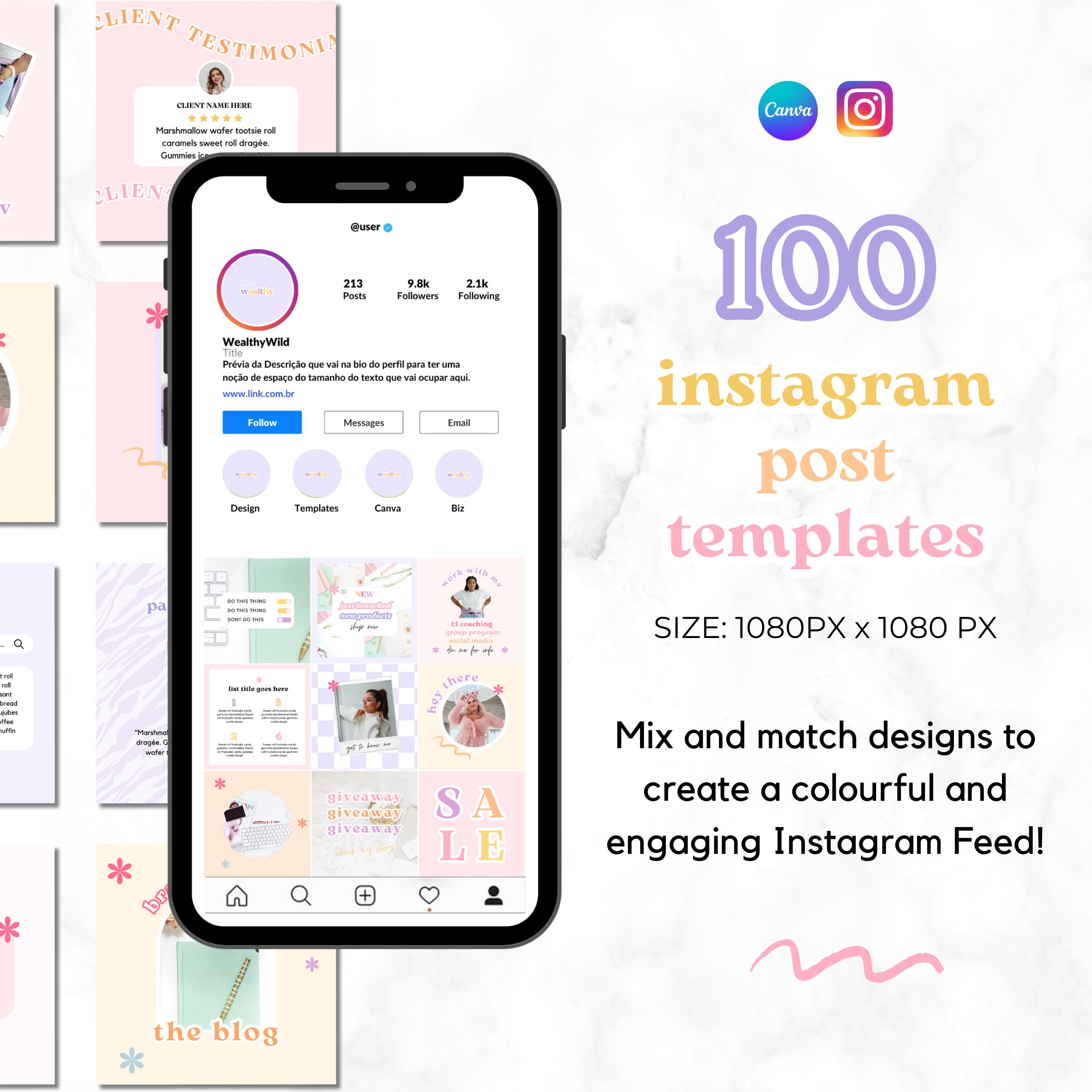 100 Instagram Post Templates Canva, Bright, Colourful Instagram Feed ...