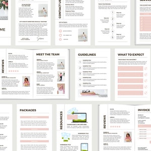 May include: A client welcome pack with a pink and white design. The pack includes pages with text, graphics, and headings such as "Meet the Team", "Guidelines", and "What to Expect". The pack is prepared for Ready Social.