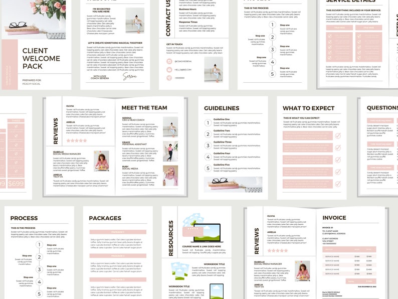May include: A client welcome pack with a pink and white design. The pack includes pages with text, graphics, and headings such as "Meet the Team", "Guidelines", and "What to Expect". The pack is prepared for Ready Social.