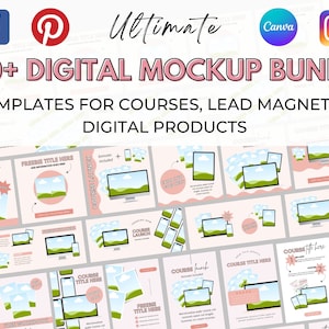 May include: A digital mockup bundle with over 100 templates for courses, lead magnets, and digital products. The templates feature a pink and green color scheme with images of clouds and landscapes. The text "100+ DIGITAL MOCKUP BUNDLE" is displayed in a large font at the top of the image.