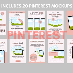 May include: A set of 20 customizable Pinterest mockup templates featuring a pink and green color scheme. The mockups showcase various designs, including a free workbook, webinar, course launch, and lead magnet. Each mockup includes a phone or computer screen with a cloud and green landscape background.