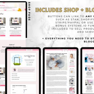 May include: A digital marketing website template displayed on multiple tablets. The design features a pink and white color scheme with text that reads "Includes Shop + Blog" and "Everything You Need to Start Blogging."