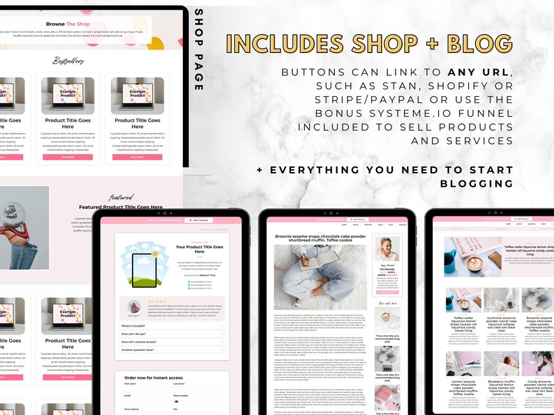 May include: A digital marketing website template displayed on multiple tablets. The design features a pink and white color scheme with text that reads "Includes Shop + Blog" and "Everything You Need to Start Blogging."