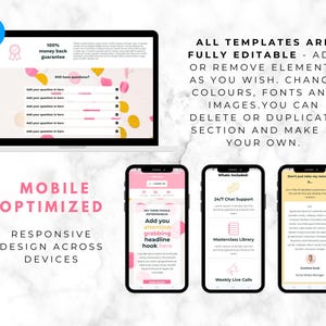 May include: A laptop and three smartphones displaying website templates. The laptop screen shows a pink and yellow design with the text "100% money back guarantee." The phones showcase mobile-optimized designs with the text "Add you attention grabbing headline hook here."