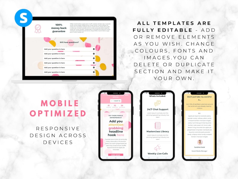 May include: A laptop and three smartphones displaying website templates. The laptop screen shows a pink and yellow design with the text "100% money back guarantee." The phones showcase mobile-optimized designs with the text "Add you attention grabbing headline hook here."