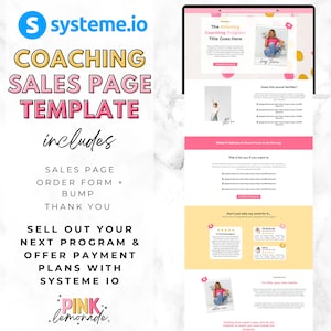 Puede incluir: Una plantilla de diseño gráfico rosa y amarilla para una página de ventas de coaching. La plantilla incluye una página de ventas, un formulario de pedido, un bump y una página de agradecimiento. El texto "The Amazing Coaching Program Title Goes Here" está en la parte superior de la página. El texto "Systeme.io" está en la esquina superior izquierda. El texto "Pink Lemonade" está en la esquina inferior derecha.