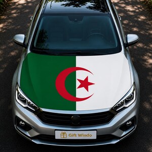 以下が含まれることがあります： 黒い屋根とアルジェリアの国旗のデザインが施されたシルバーの車。国旗は、緑と白の分割されたフィールドに赤い三日月と星のエンブレムが特徴です。車は舗装された道路に駐車されています。