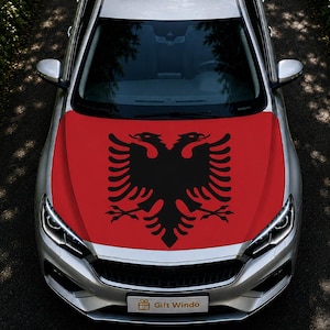 May include: A silver car with a red bonnet displaying a black double-headed eagle emblem. The car is parked on a dark surface, with the text "Gift Windo" visible on the front bumper.