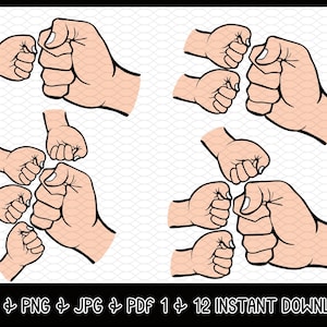 May include: A set of four digital clipart images featuring various hand gestures of people holding hands together in a fist bump. The images are in black and white line art style with a skin tone fill.