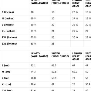 May include: Size guide chart for clothing with measurements in inches and centimeters. The chart shows length and width measurements for worldwide and East Asia sizing.