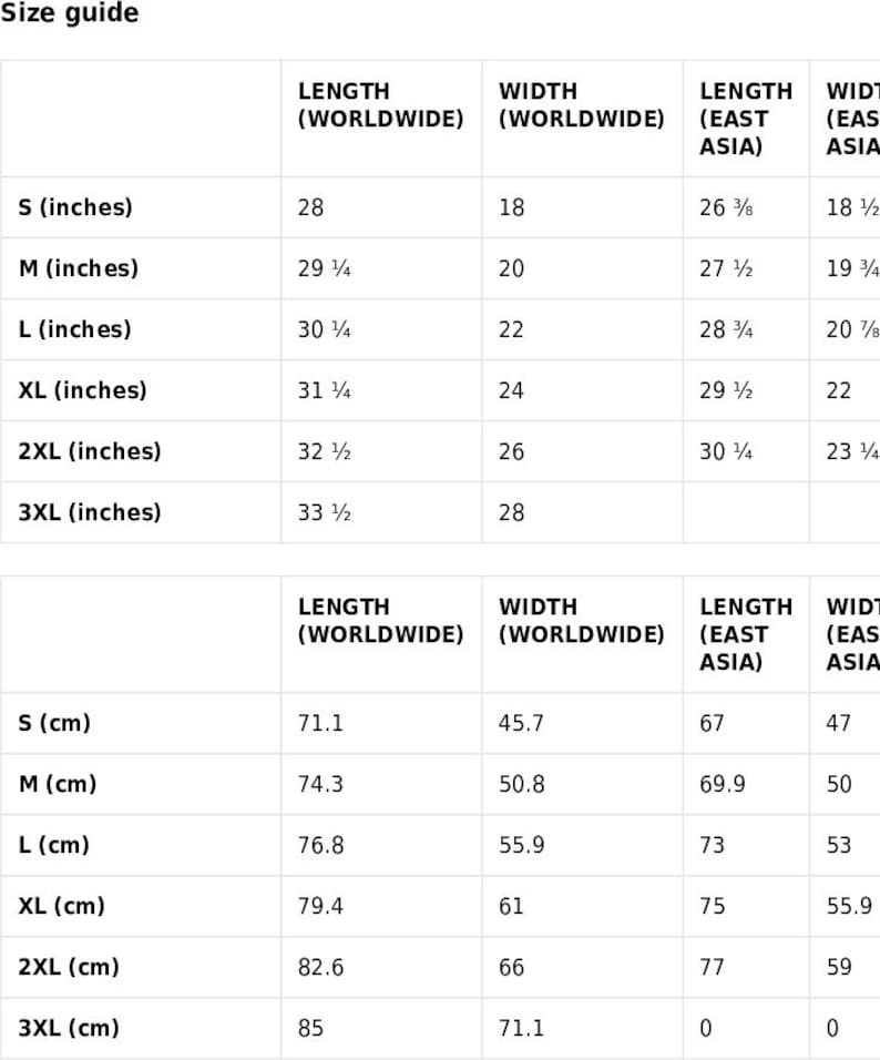 May include: Size guide chart for clothing with measurements in inches and centimeters. The chart shows length and width measurements for worldwide and East Asia sizing.