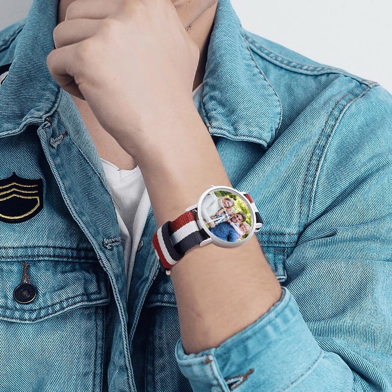 Personalized Photo Watch with Woven Nylon Band – Custom Picture Wrist Watch, Unique Gift for Dad, Husband or Family image 4