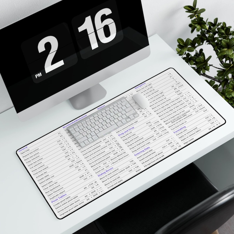 May include: A white rectangular desk mat with a keyboard and mouse, featuring a list of keyboard shortcuts in black text. A computer monitor displays the time as 2:16 PM. The mat is on a white desk.