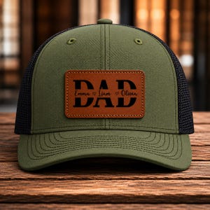 Gorra personalizada para papá con los nombres de sus hijos, gorra trucker personalizada para papá, regalo del Día del Padre de parte de sus hijos, regalo para hija o hijo, gorra con parche de cuero