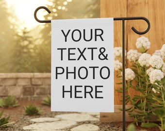 Aangepaste tuinvlag: gepersonaliseerde foto en tekst, dubbelzijdig buitendecor