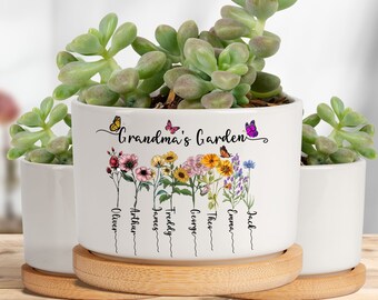 Custom Grandmas Garden Flower Ceramic Plant Pot, Birth Month Flower Plant Pot ,Ceramic Plant Pot ,Grandma Gift ,For Mom,Mothers Day Gift
