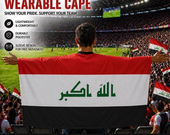 Capa con mangas con la bandera de Irak, capa para aficionados al fútbol iraquí, atuendo para aficionados al deporte, regalo para el día del partido en el estadio.