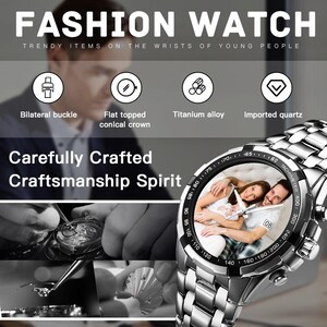 Orologio con foto personalizzato, orologio in metallo argentato personalizzato, regalo per lui immagine 7