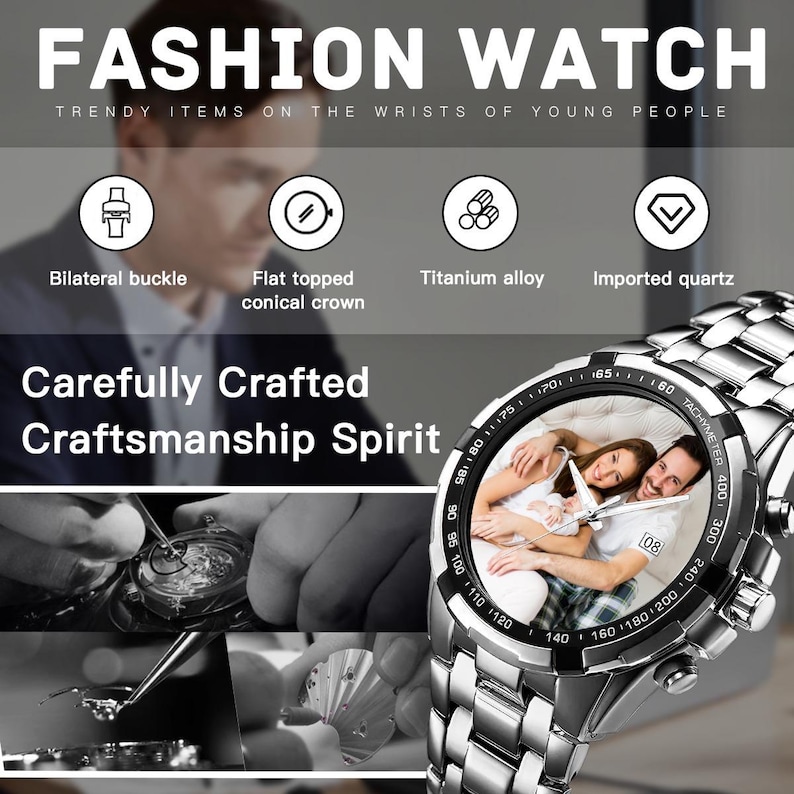 Orologio con foto personalizzato, orologio in metallo argentato personalizzato, regalo per lui immagine 7