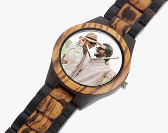 Personalized Ebony Wood Watch, Custom Photo Timepiece, Anniversary Gift