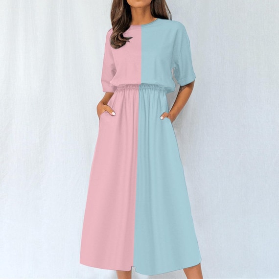 Colorblock Pink and Blue Midi Dress * All-Over Print Women's Dress * Elastic Waist Casual T-Shirt Dress for Baby Shower or Gender Reveal