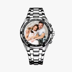 Orologio con foto personalizzato, orologio in metallo argentato personalizzato, regalo per lui Silver