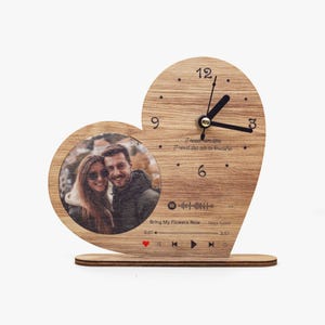May include: Wooden heart-shaped clock with a photo and a clock face. The clock features a photo of a couple, a clock face with black hands, and the text "I need him like I need the air to breathe". The clock also has a music bar.