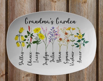 Custom Grandma's Garden Plate With Grandkids Names, Unique Mothers Day Gift for Grandma ,Family Name Watercolor Flowers Personalized Platter