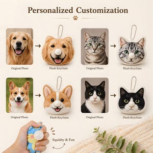 Puede incluir: Imagen que muestra la transformación de fotos de mascotas en llaveros de peluche. La imagen muestra un golden retriever, un gato atigrado, un corgi y un gato blanco y negro, cada uno emparejado con su llavero de peluche. El texto dice "Personalización Personalizada."
