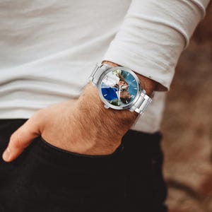 Personalized Photo Automatic Watch, Custom Steel Strap Timepiece with Indicators, Wedding and Anniversary Gift image 3