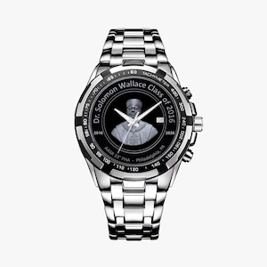 パーソナライズされた写真入り腕時計：カスタム刻印入りブラックメタル製メンズギフト Silver