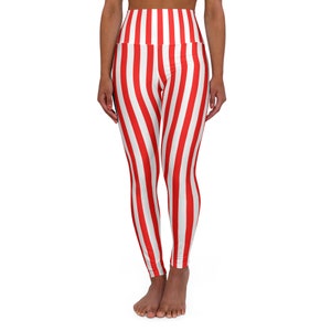 Red White Stripe Stretchy Yoga Leggings, Striped Stretch Stretchy Leggings, Womens Leggings, Striped Pencil Stretchy High Waisted Leggings