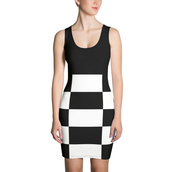 Black and White Check Dress , Black and white checkered dress , Checkered Pattern Black And White Women's  Sublimation Cut & Sew Dress