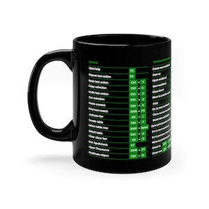 Puede incluir: Taza de café negra con un diseño verde y blanco que presenta atajos de teclado de Microsoft Excel. La taza tiene un asa negra y un borde blanco.
