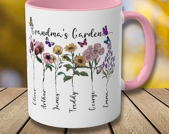Grandmas Garden Gifts With Grandkids Names, Unique Mother&#39;s Day Gift for Grandma, Nana&#39;s, Family Name Watercolor Flowers Personalized Mug