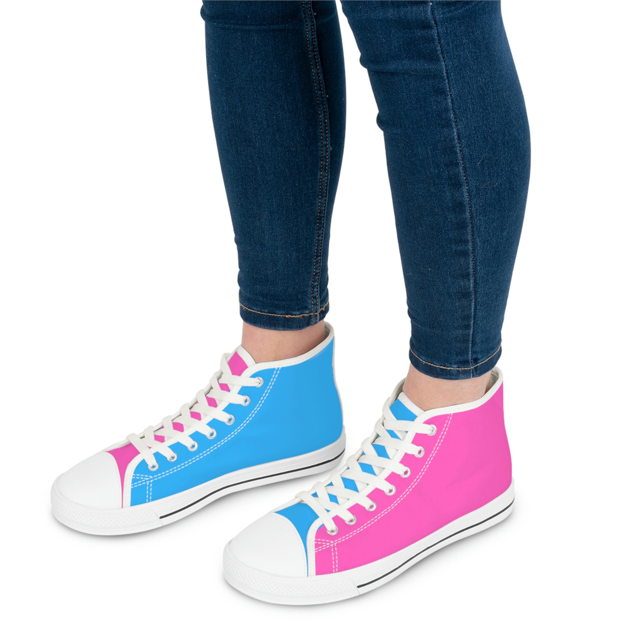 Pink and Blue High Top Sneakers: Women's Two-Tone Canvas Shoes