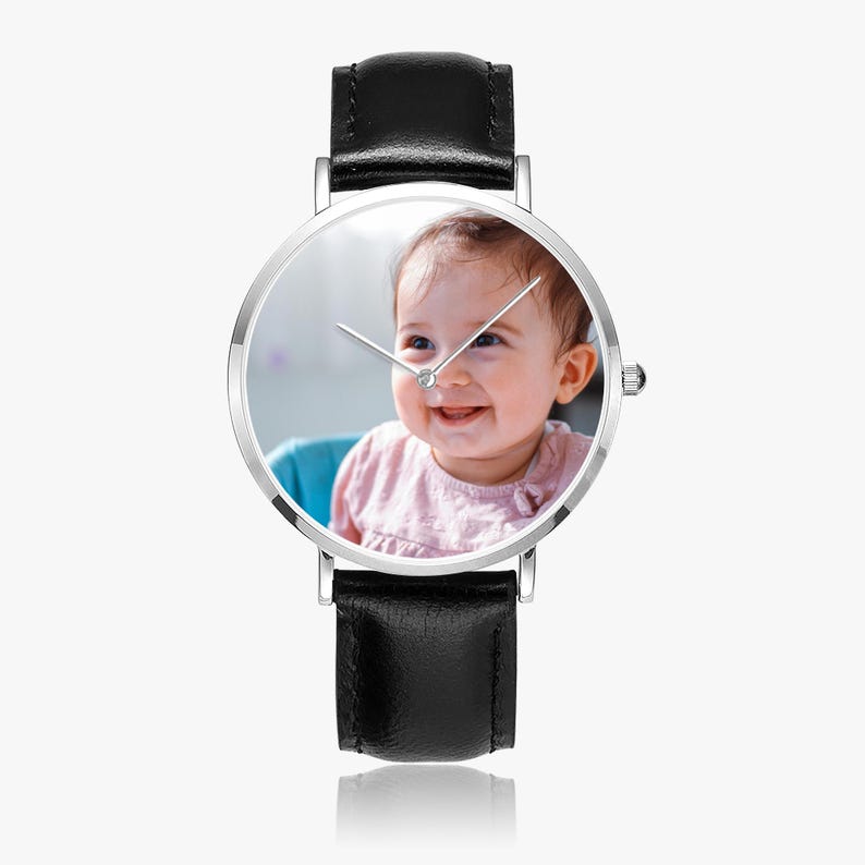 Personalized Ultra-Thin Quartz Watch, Leather Strap, Custom Photo Gift Black