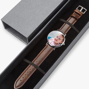 Personalized Ultra-Thin Quartz Watch, Leather Strap, Custom Photo Gift image 3