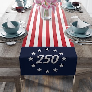 Puede incluir: Un camino de mesa a rayas rojas y blancas, con un extremo azul marino con el número "250" rodeado de estrellas blancas. El camino de mesa está sobre una mesa de madera con cubiertos, copas de vino y un jarrón con flores rosas.